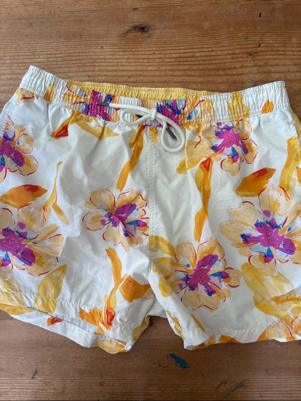 White Floral Drawstring Swim Shorts with Yellow and Pink Accents